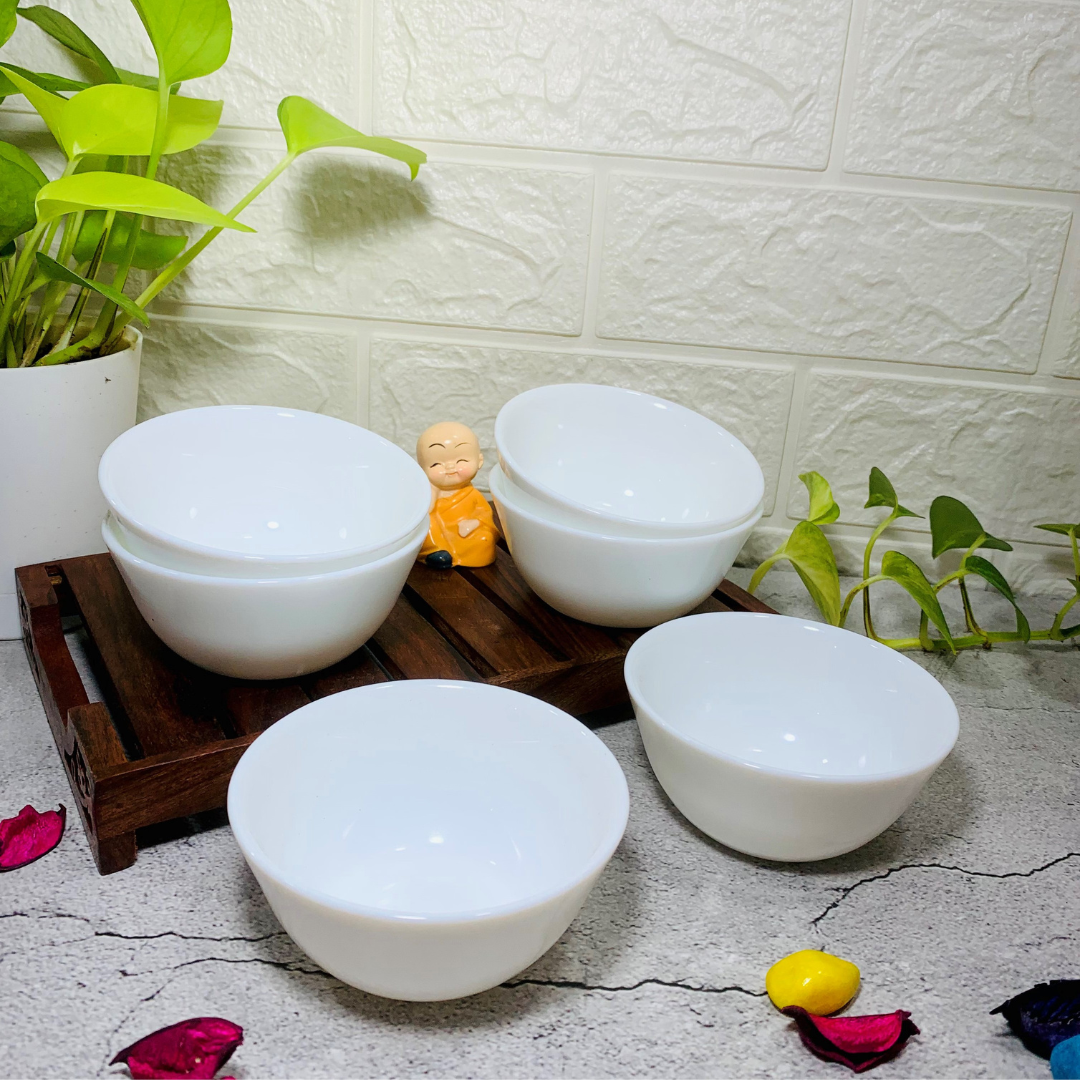 Homefrills Opal Glass Plain White Bowl Set 6 pcs for Serving Dessert, Dip Sauce, Salad Dressing, Chutney, Pickle/Achar etc.Microwave & Dishwasher Safe.Aprox 150 Ml Each